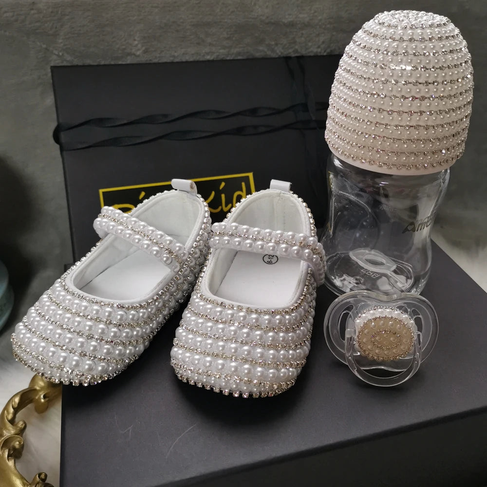 Dollbling Sparkle Pearly Baby Shoes and Headband Newborn Pacifier Gift Set Ivory Bead Designer Brand 0-1Y Girl Crib Ballet Shoes