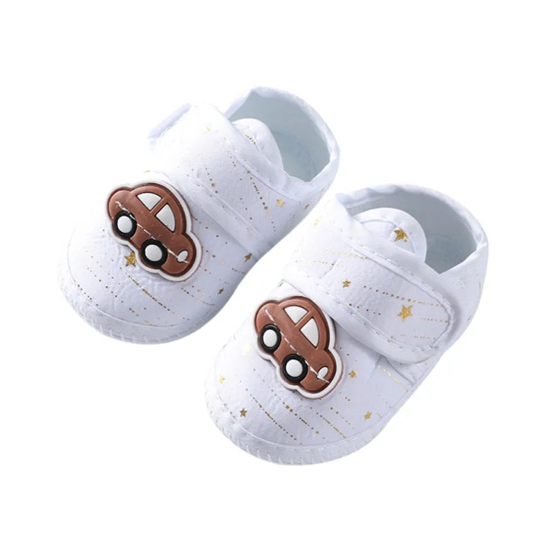 Baby Shoes: Cartoon Car Pattern, Soft Sole Cloth Shoes (0-8 Months)