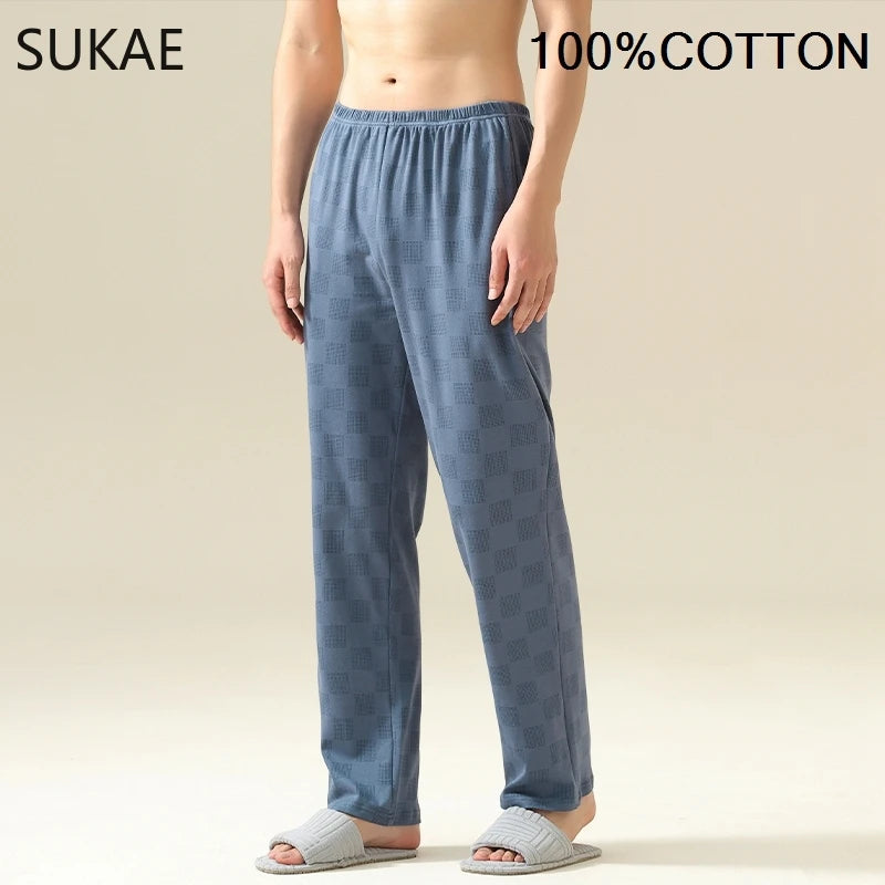 SUKAE 100% Cotton Mens Sleep Bottoms Autumn Spring Male Full Pants HQ Plaid Pj Pants for Boy Sleeping Long Lingerie for Man