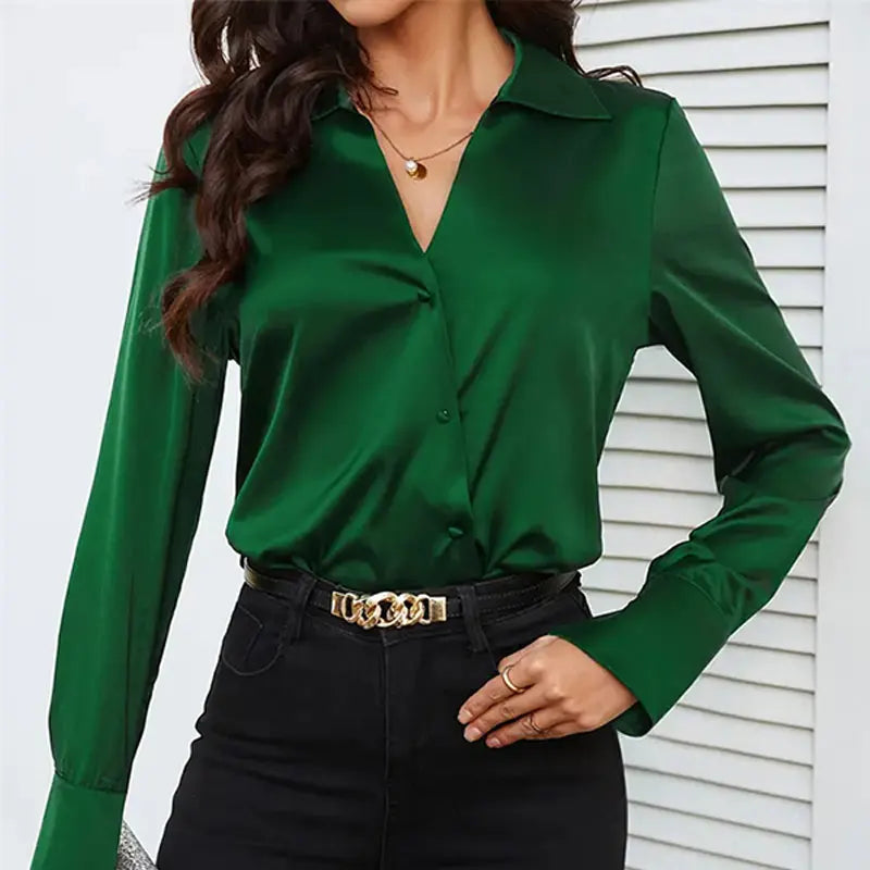 Trend Fashion Women Casual Elegant Satin Long Sleeved Shirt Office Women's Shirts And Blouses Slim Femal Clothes Green Like Silk