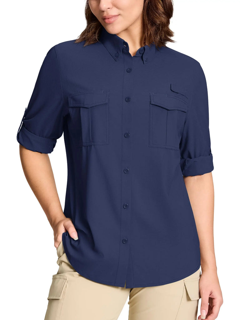 TACVASEN Quick Dry Hiking Fishing Blouse Womens Long Sleeve Button Down Outdoor Camping Shirts Breathable Sun Protection Tops