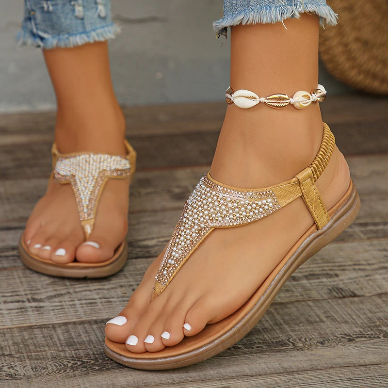 Shiny Pearl Bohemian Style Flat Sandals Women 2024 Summer Clip Toe Beach Sandals Woman Non Slip Rome Shoes Flip Flops Mujer