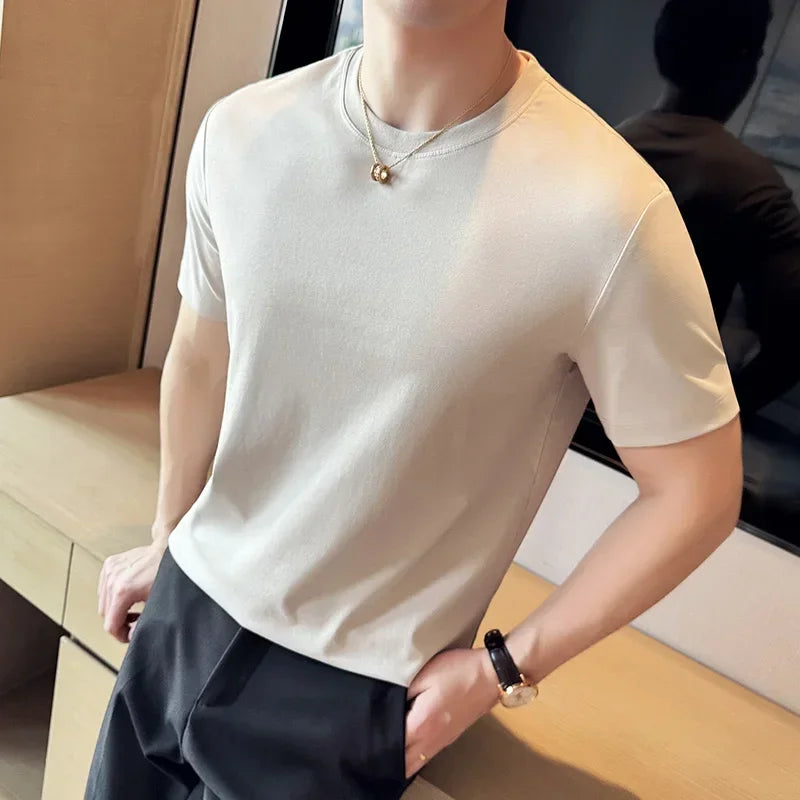 Mens T-shirt 2024 Summer New Thin Ice Silk Pure Cotton Top Round Neck T-shirt Sports Fitness Running Casual Mens Clothing