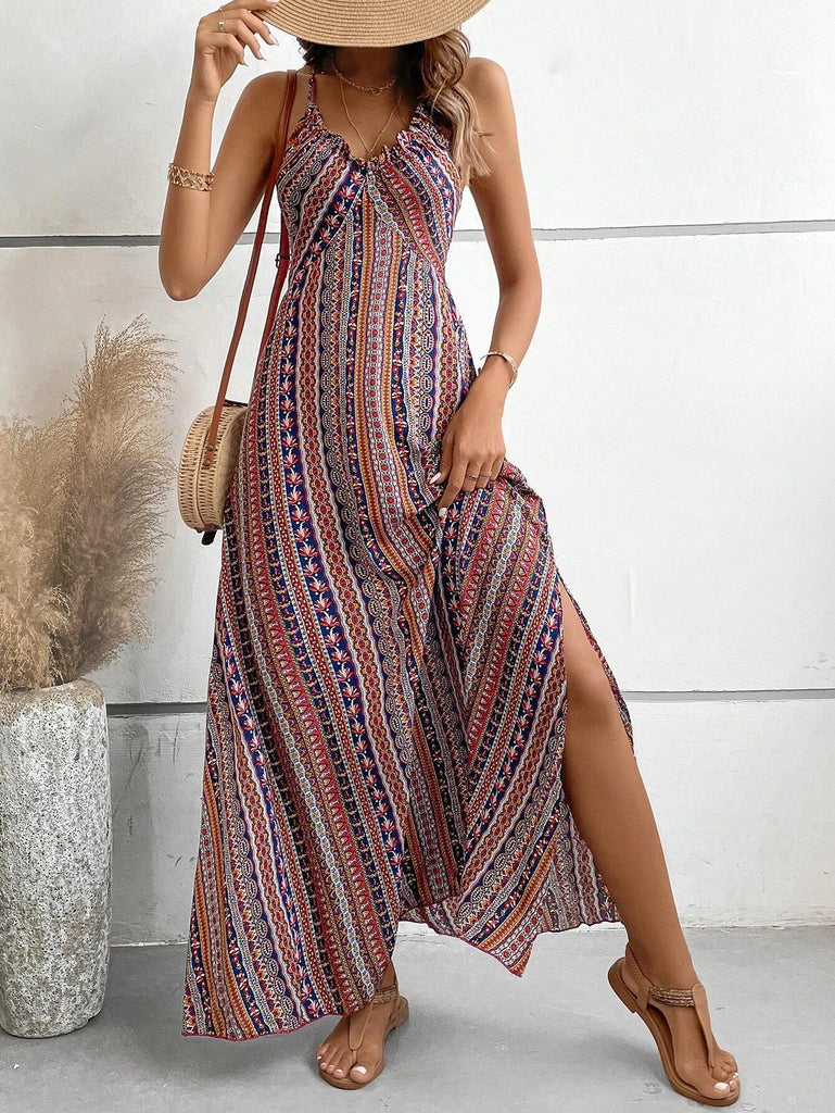 Women's Summer Ethnic Pattern Backless Split Thigh Dress Ladies Summer Clothes Boho Fashion Frill Trim Long Dress for Beach