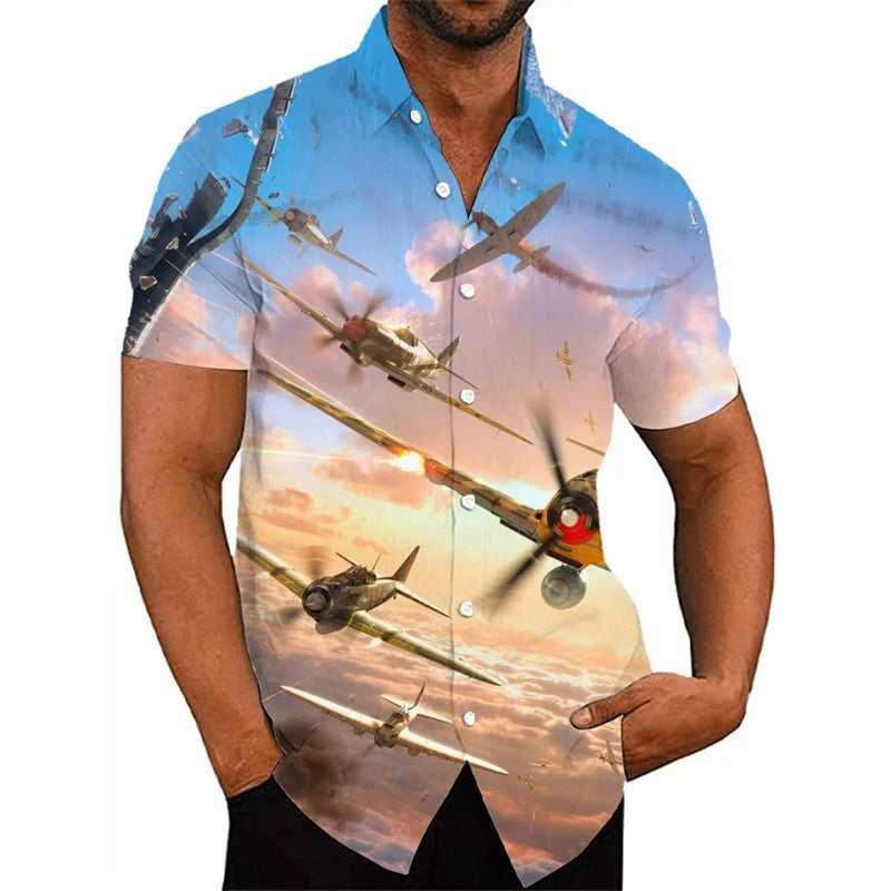 3D Printed Fighter Plane Pattern Hawaiian Shirts For Men Short Sleeve Casual Button Shirt Tops Mens Hip Hop Shirts Streetwear