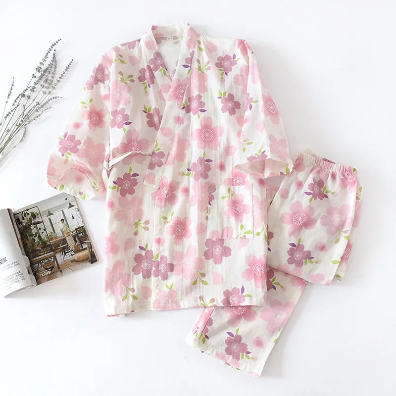 2024 new seven-sleeve Japanese-style kimono pajamas set female spring and autumn 100% cotton gauze home clothes cute sweet two-p