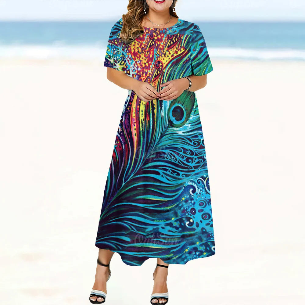 2024 New Design Women's Dresses Peacock Feather Print Midi Dresses Elegant Plus Size Female Short Sleeve Dress Fashion Summer