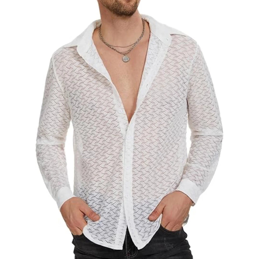 Fashion Men's Mesh Transparent Baggy Shirt Top Sexy Long-Sleeved V-Neck  Single Breasted Sheer Chiffon Shirt Tops Man Clothing