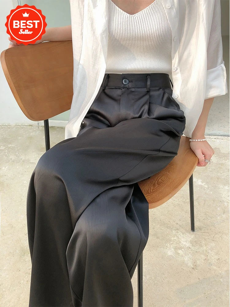 2024 Spring Summer Ice silk Satin Women's Pants Wide Leg High Waist Casual Black Korean Fashion Suit Pants for Women Trousers