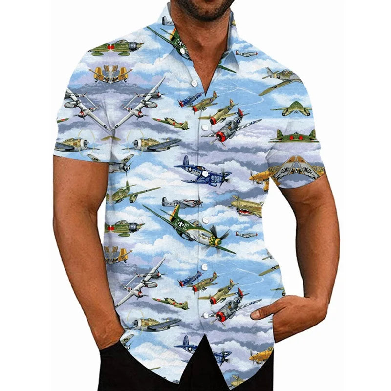3D Printed Fighter Plane Pattern Hawaiian Shirts For Men Short Sleeve Casual Button Shirt Tops Mens Hip Hop Shirts Streetwear