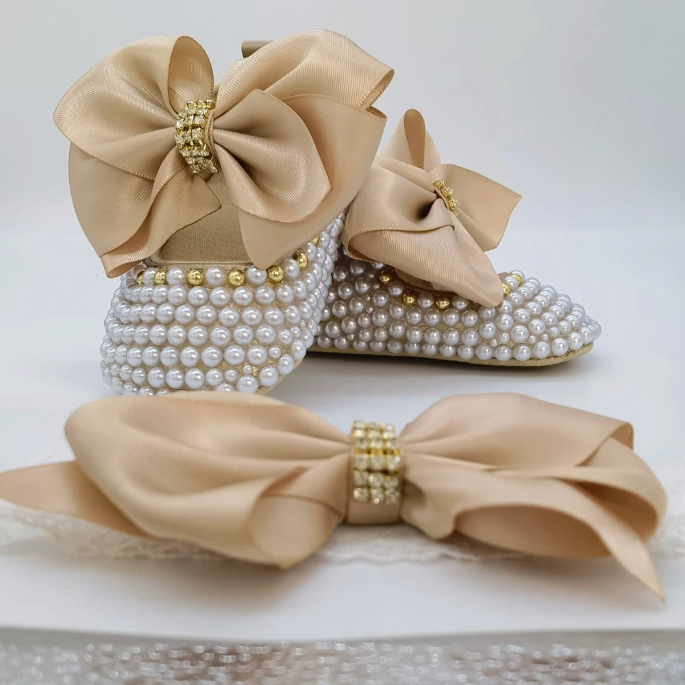 Dollbling Sparkle Pearly Baby Shoes and Headband Newborn Pacifier Gift Set Ivory Bead Designer Brand 0-1Y Girl Crib Ballet Shoes