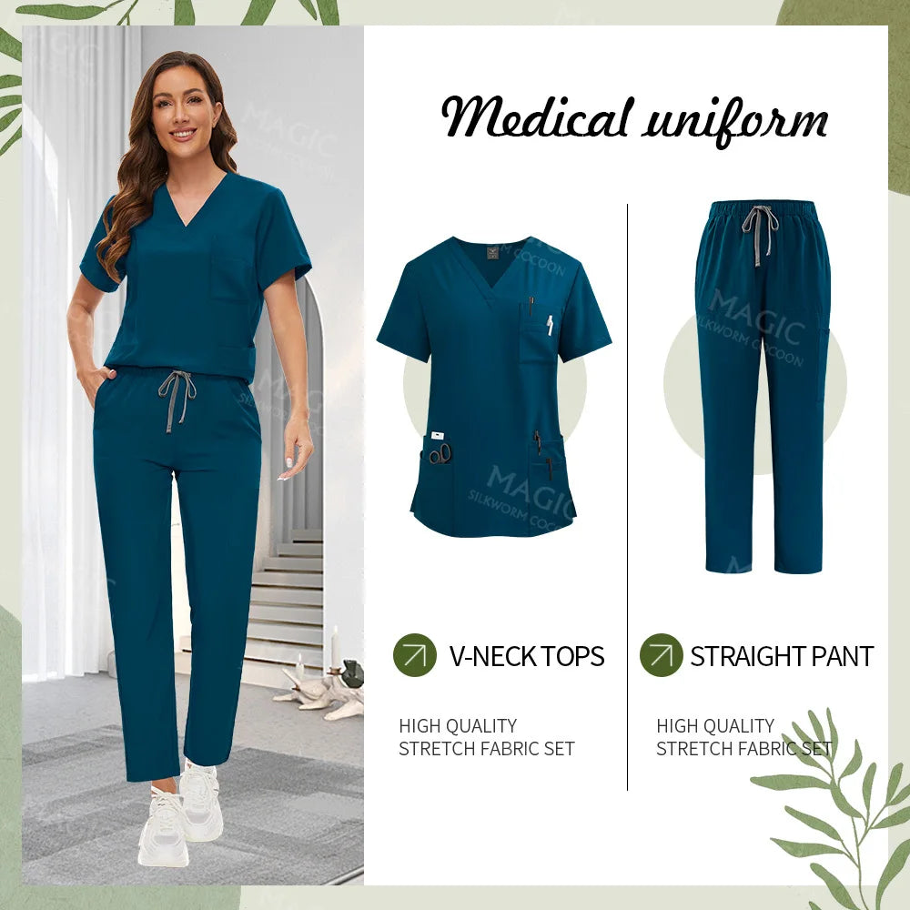 Surgical Uniforms Women Scrub Set Medical Accessories Nurse Beauty Salon Workwear Clinical Scrubs Top+Pant Doctor Nursing Suits