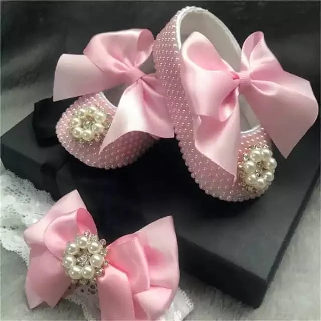 Dollbling Sparkle Pearly Baby Shoes and Headband Newborn Pacifier Gift Set Ivory Bead Designer Brand 0-1Y Girl Crib Ballet Shoes