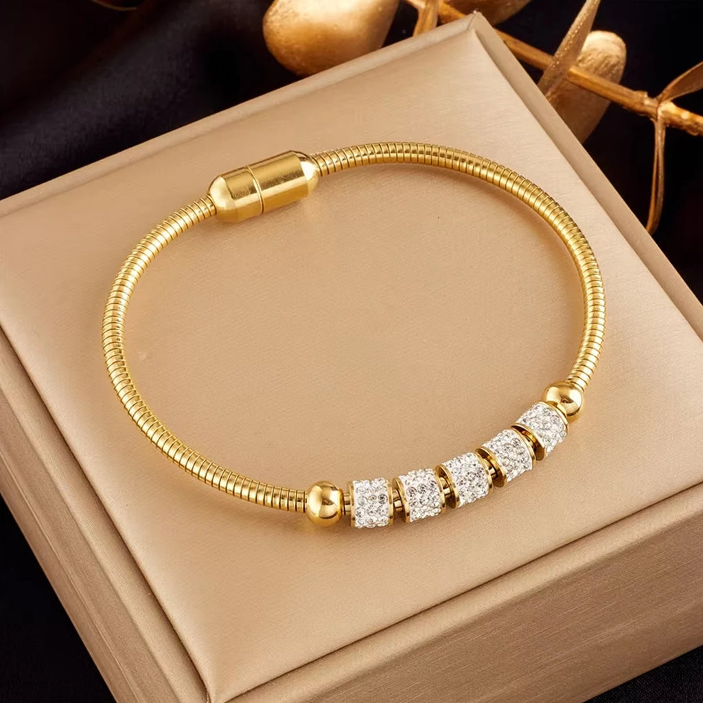 316L Stainless Steel Gold Color Rhinestone Beaded Bracelet For Women Fashion Ladies Magnet Clasp Bangles Jewelry GiftsDI