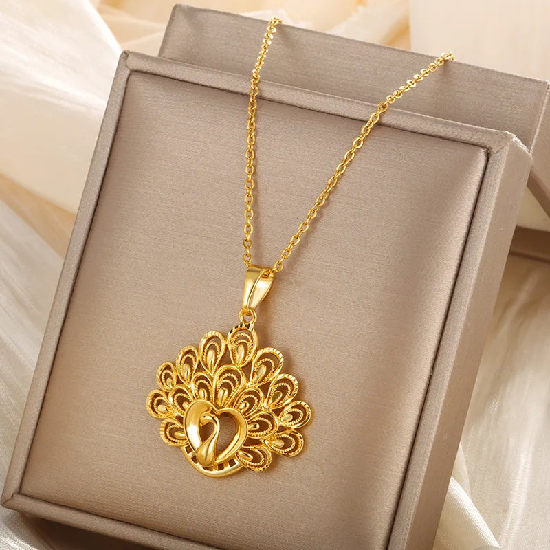 24K Gold Peacock Flower Pendant Necklace