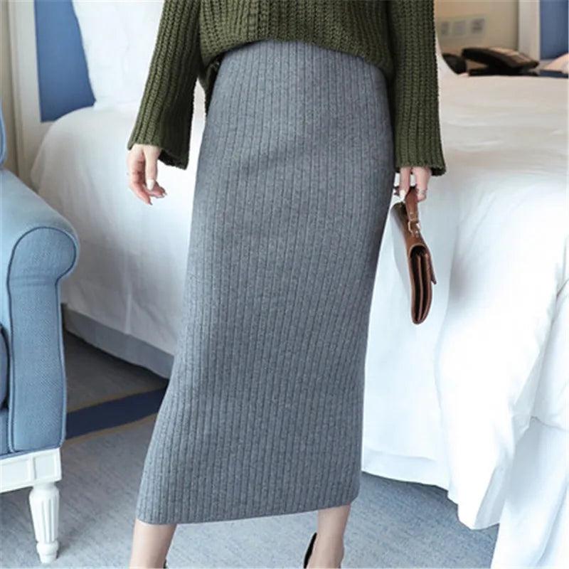 Woolen Skirts for Women Long Faldas Largas Knitted Saias Midi Slim Office Jupe Femme Pencil Skirt Black Ropa Mujer