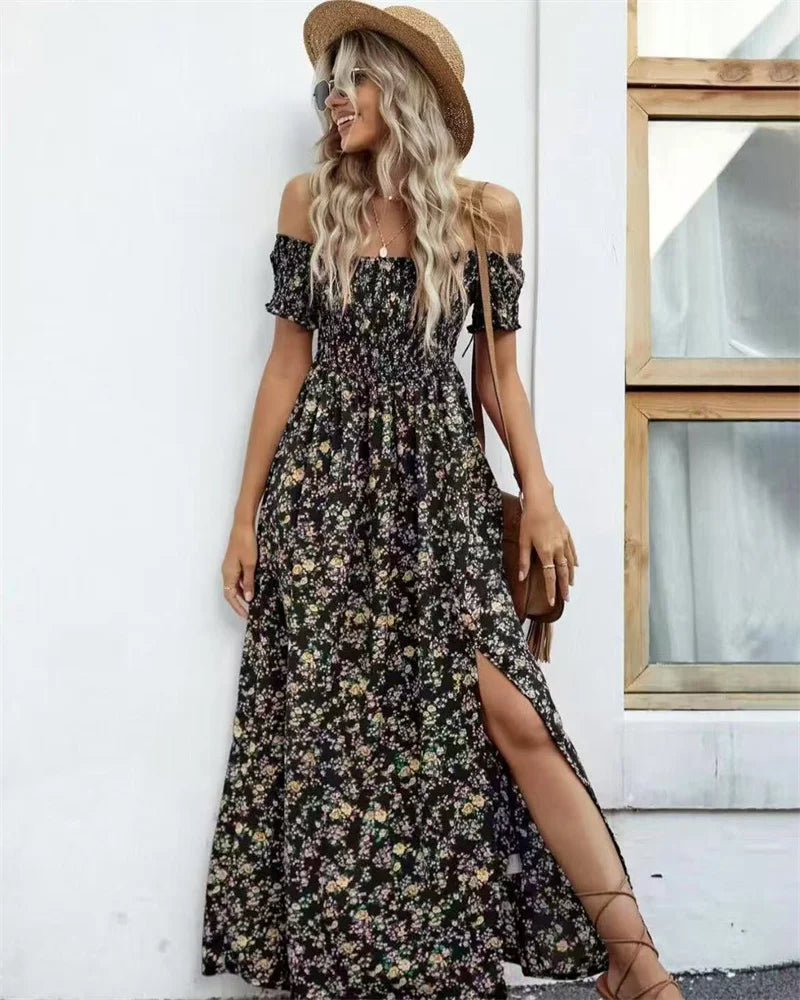 Fashionable Comfortable Bohemian One-Shoulder Floral Long Dress Casual Women's Dress New Arrival Elegant Gown