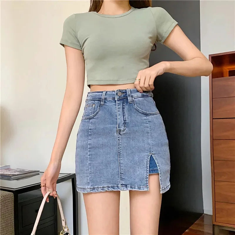 Split Denim Skirts Women High Waist Elastic Sexy Slim Mini Skirt Summer Fashion Female Casual Bottoms Vintage Female Y2k Clothes