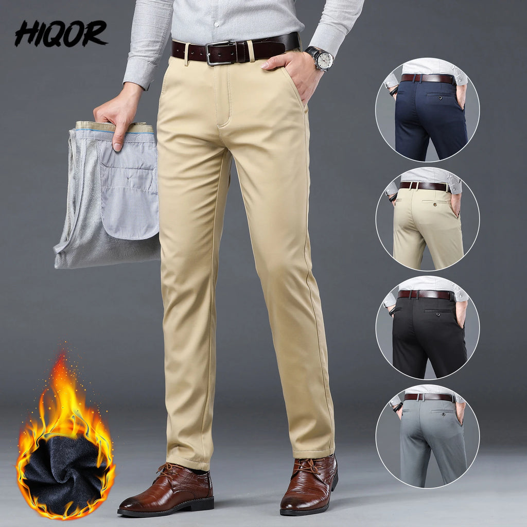 HIQOR Fashion Mens Clothing Winte Fleece Male Casual Pants Men's Business Formal Suit Pants Straight Trousers Cotton Baggy Pants