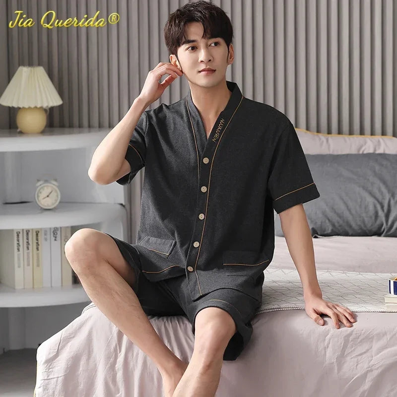 SUKAE Men Nightwear Home Clothing Summer Shorts Two Pieces Cotton Big Size 3xl 4xl Pajama V Neck Japanese Kimono Pjs Sleepwear