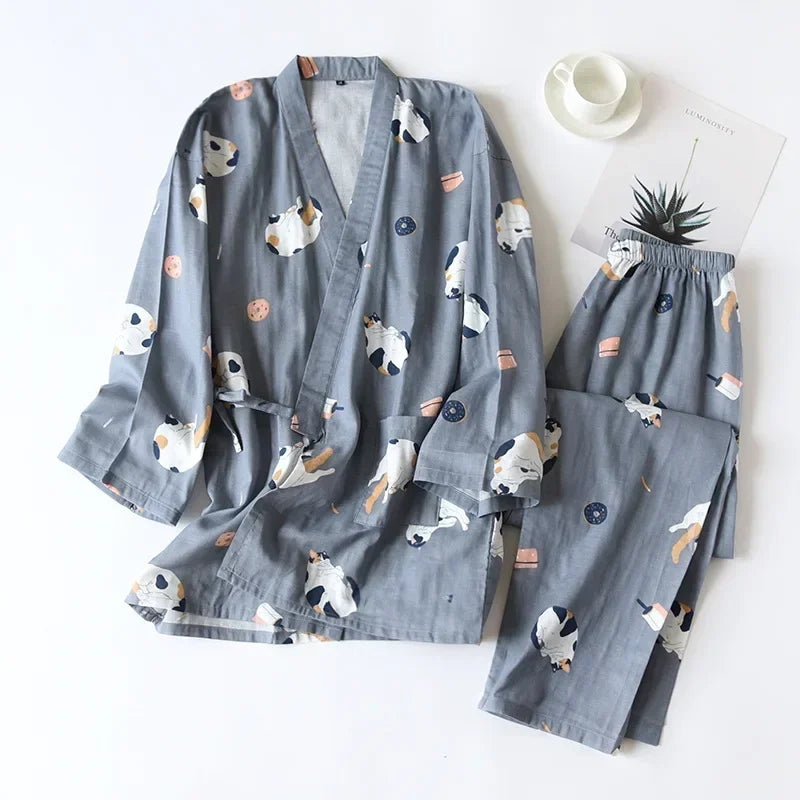 2024 new seven-sleeve Japanese-style kimono pajamas set female spring and autumn 100% cotton gauze home clothes cute sweet two-p