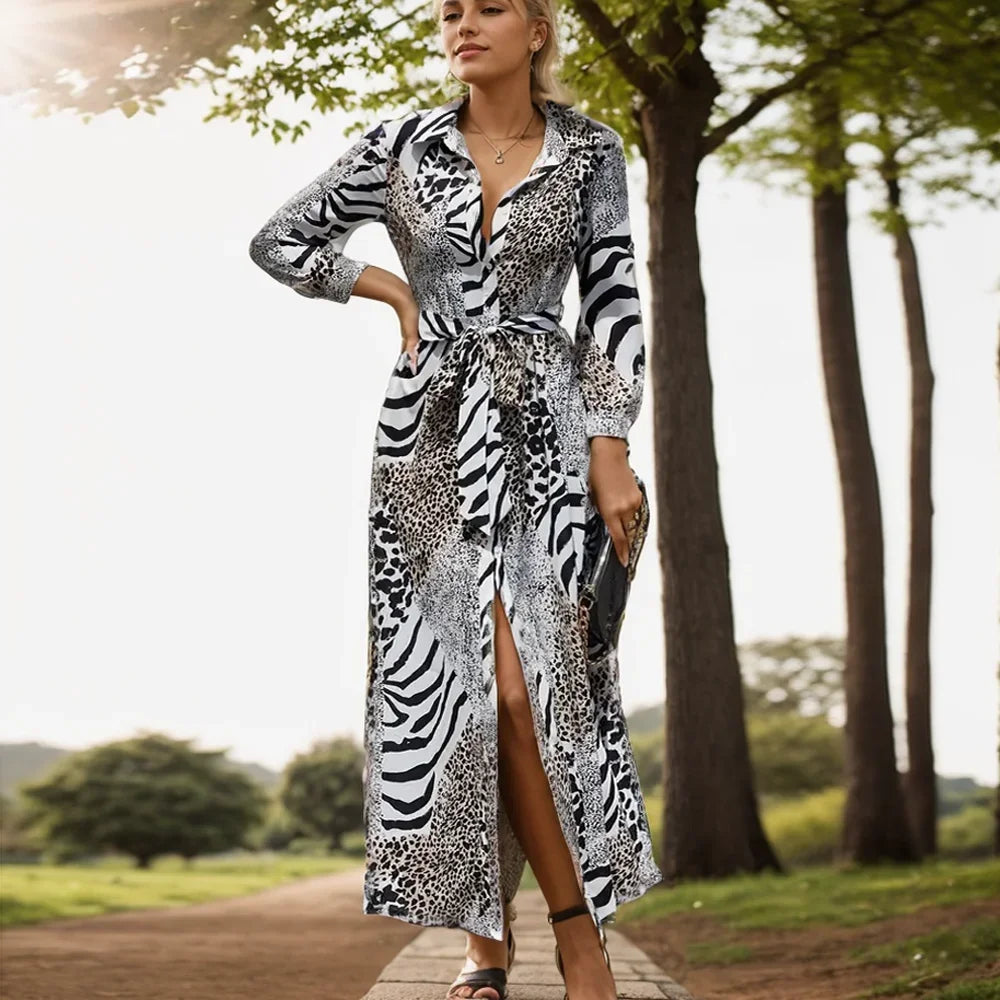Sexy Zebra Striped Long Dress Women Fashion Long Sleeve Lapel Buttons Shirt Dresses Casual Loose Sashes Cardigan Top Vestidos