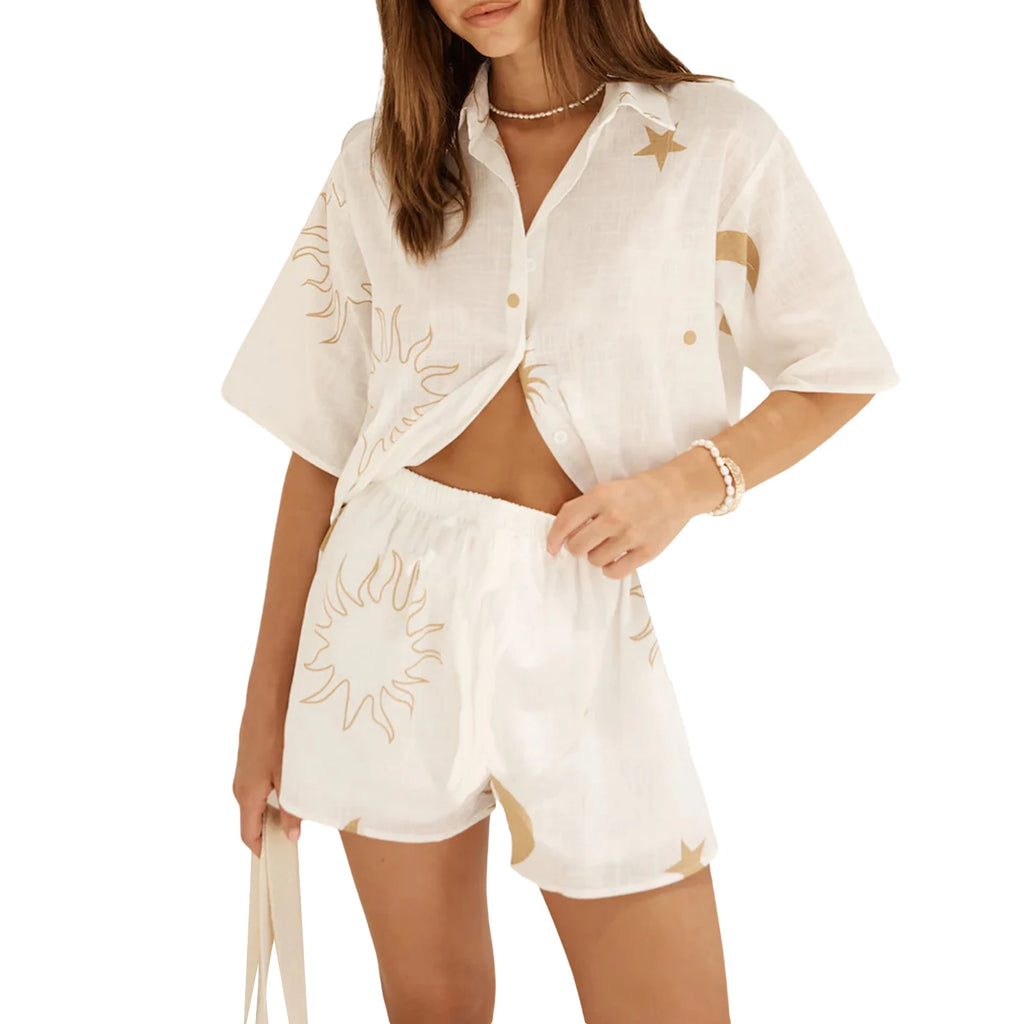 Women’s Casual 2 Piece Short Sets Fashion Printed Short Sleeve Button Up Lapel Shirt Tops + Shorts Set Summer Outfits Beachwear