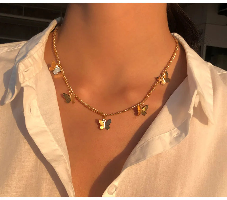 Fashion Choker Necklace Lovely Gold Silver Color Plated Butterfly Necklace Short Women Summer Holiday Romantic Gift Jewelry