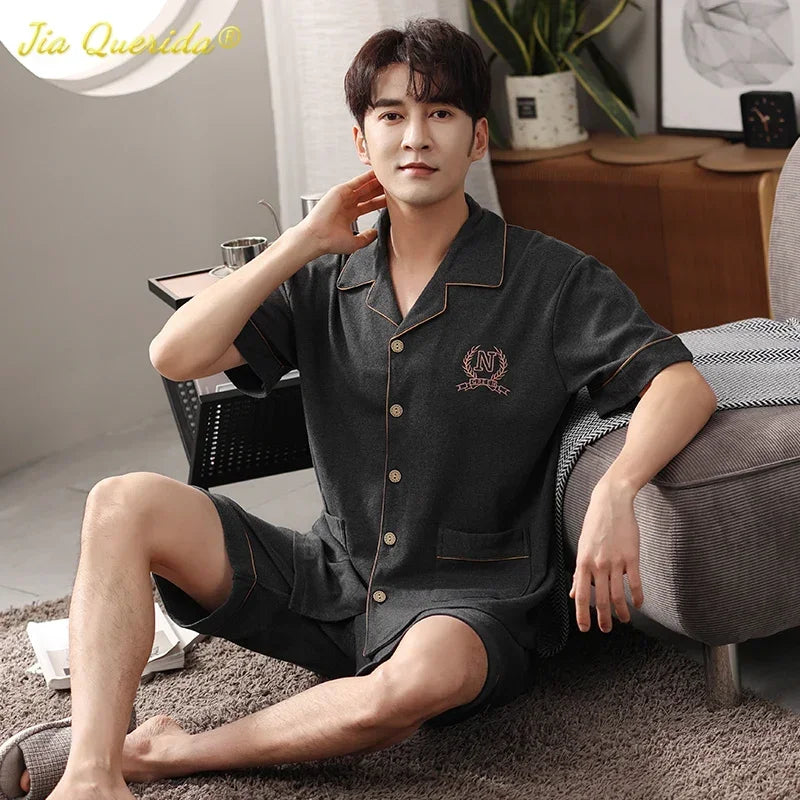 SUKAE Men Nightwear Home Clothing Summer Shorts Two Pieces Cotton Big Size 3xl 4xl Pajama V Neck Japanese Kimono Pjs Sleepwear