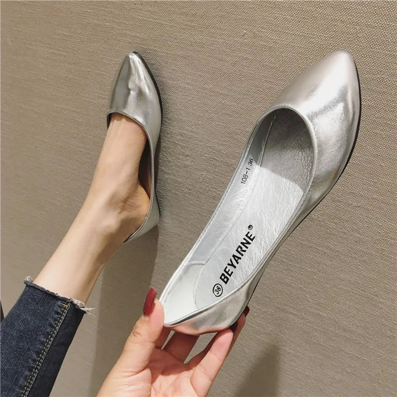 New Women's Shoes Bright Surface Soft Leather Comfortable Flat Shoes Pointed Solid Color Shallow Mouth Single Shoe Zapatos Mujer