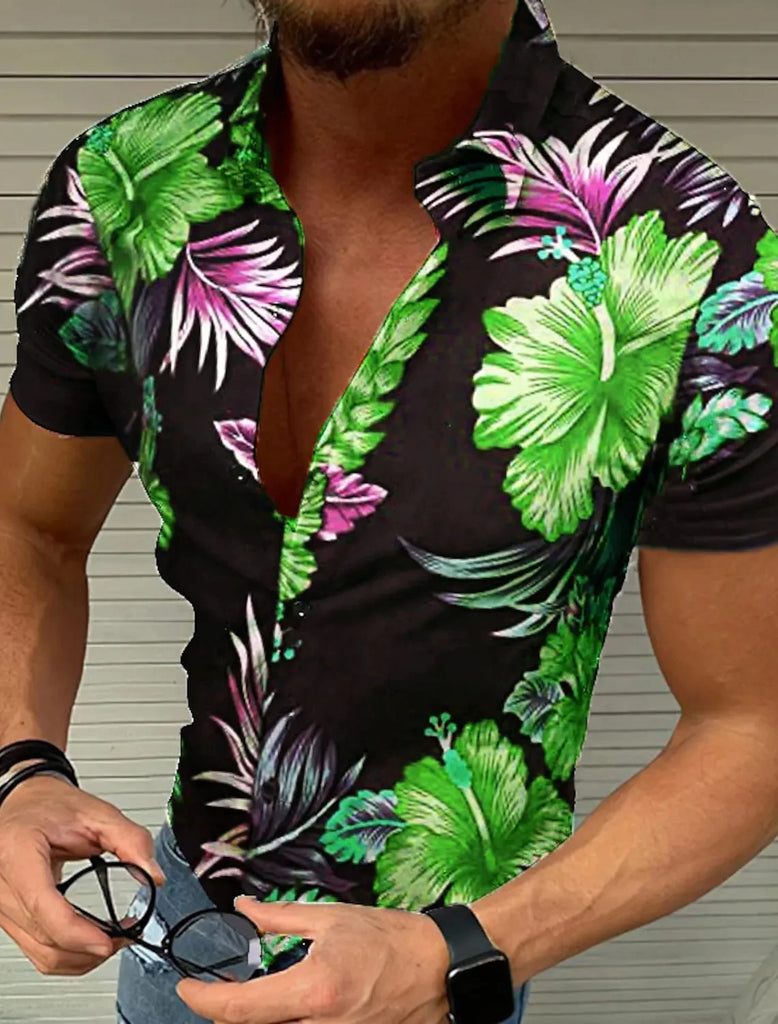 Men's New Flower Shirt Street Fashion Mature Men's Tops Maple Leaf Print Pattern Hawaiian Shirt Short Sleeve Casual Comfortable