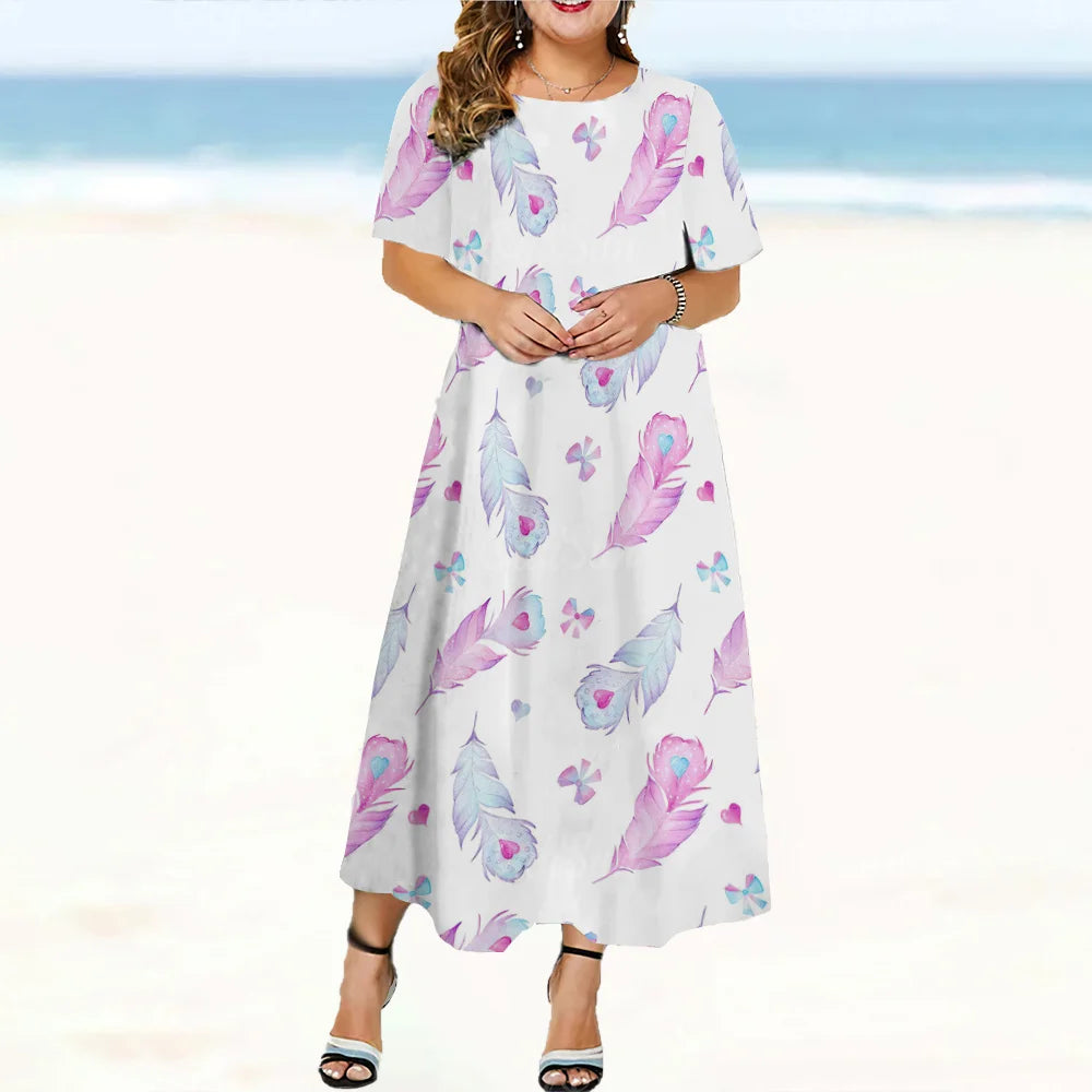 2024 New Design Women's Dresses Peacock Feather Print Midi Dresses Elegant Plus Size Female Short Sleeve Dress Fashion Summer
