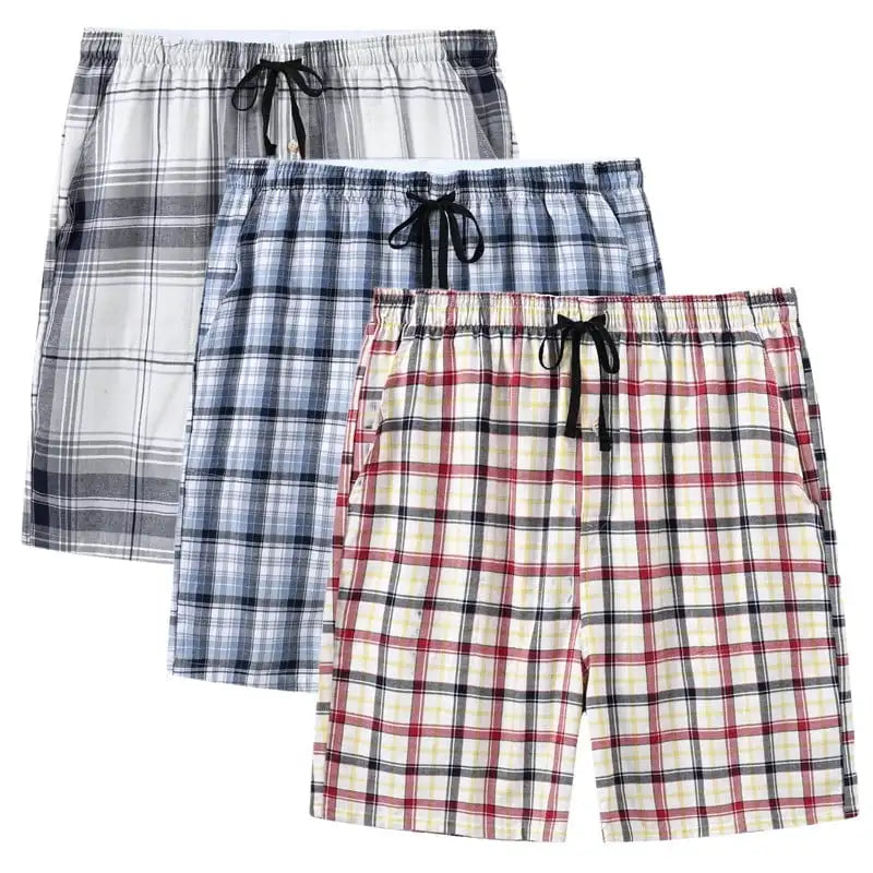 3Pcs 100% Cotton Pajama Sleeping Pants, Men Plaid Elastic Waist Cozy Sleeping Shorts, Cozy & Soft Homewear Plaid Pants Set