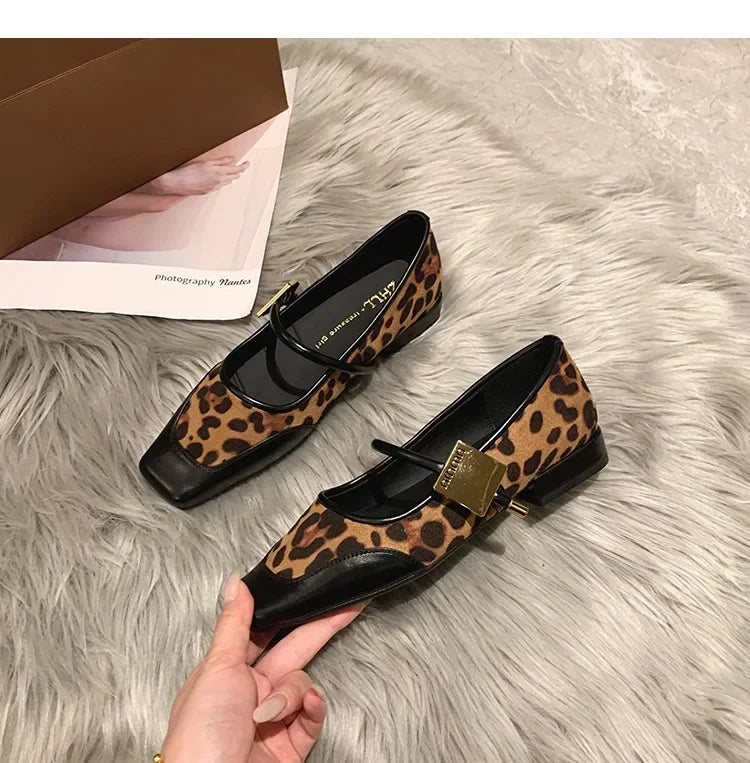 New 2024 Fashion Women's Flats Square Toe Leopard Print Casual Shoes Ladies Breathable Soft Mary Jane Shoes Plus Size 45