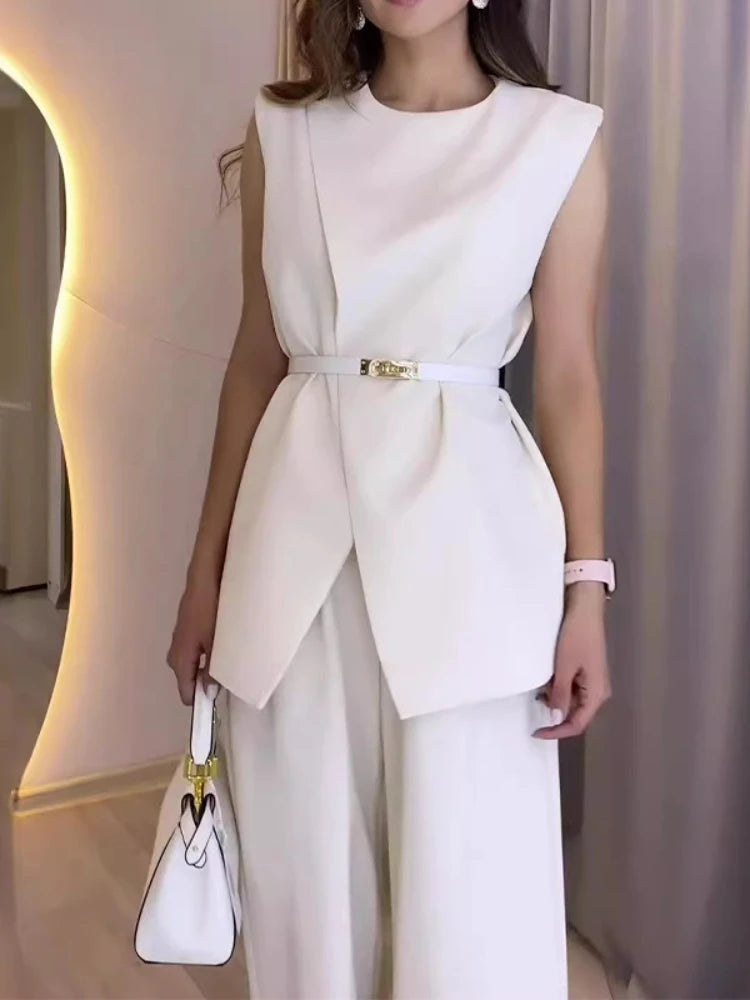 Round Neck Belt Sleeveless White High Waist Tops Solid Color Wide Leg Long Pants Slim Fit Elegant Two Piece Sets Women Pants Set