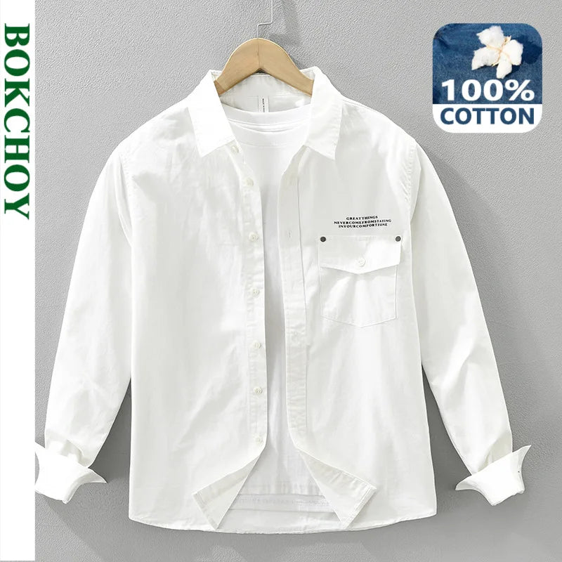 2025 Autumn New Casual Letter-printed 100% Cotton Long Sleeve Shirt for Men Clothing Turn-down Collar Versatile CM7630