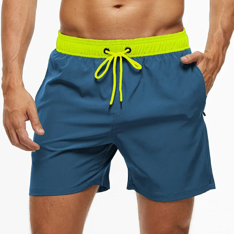 Summer  Men's Swim Trunks  Beach Shorts Elastic Closure Quick Dry Short Pants With Zipper Pockets