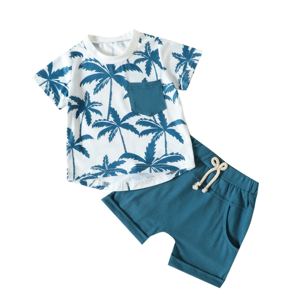 2Piece Sets Summer Newborn Boy Clothes Fashion Casual Print Beach Short Sleeve Cotton Tops+Shorts Baby Boutique Clothing BC216