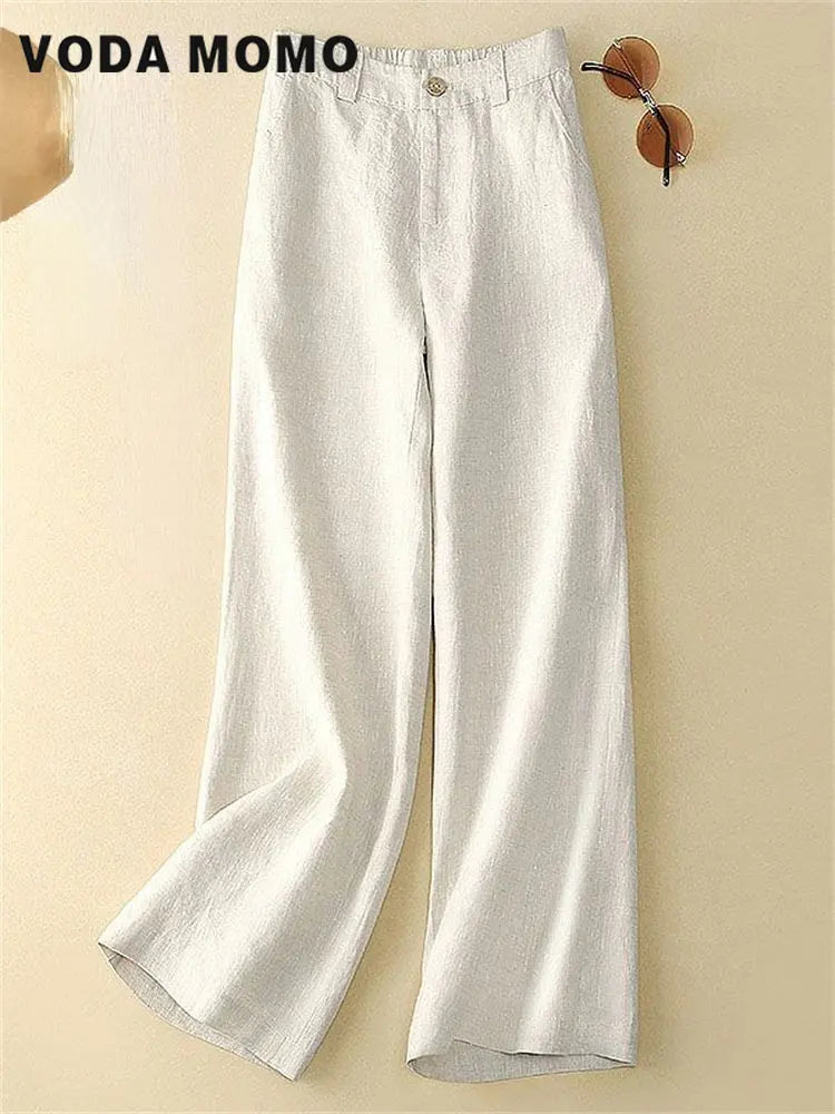 2023 Summer Loose Cotton And Linen FemalePants High Waist Korean Solid Casual StraightPants Flax Wide Leg Pants Trousers Women