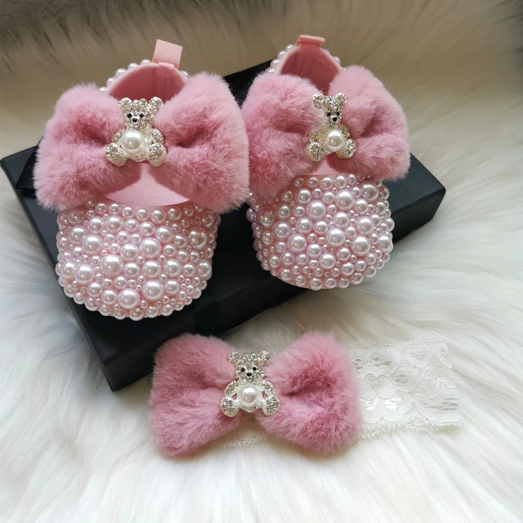 Dollbling Sparkle Pearly Baby Shoes and Headband Newborn Pacifier Gift Set Ivory Bead Designer Brand 0-1Y Girl Crib Ballet Shoes