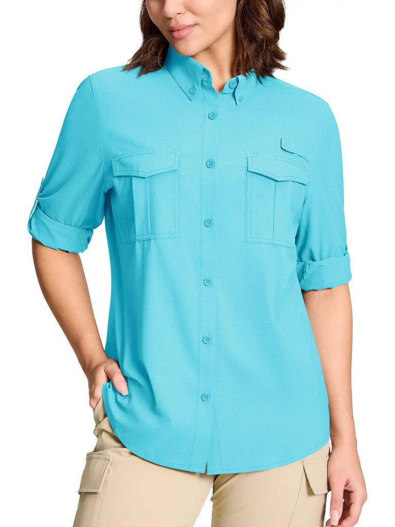 TACVASEN Quick Dry Hiking Fishing Blouse Womens Long Sleeve Button Down Outdoor Camping Shirts Breathable Sun Protection Tops