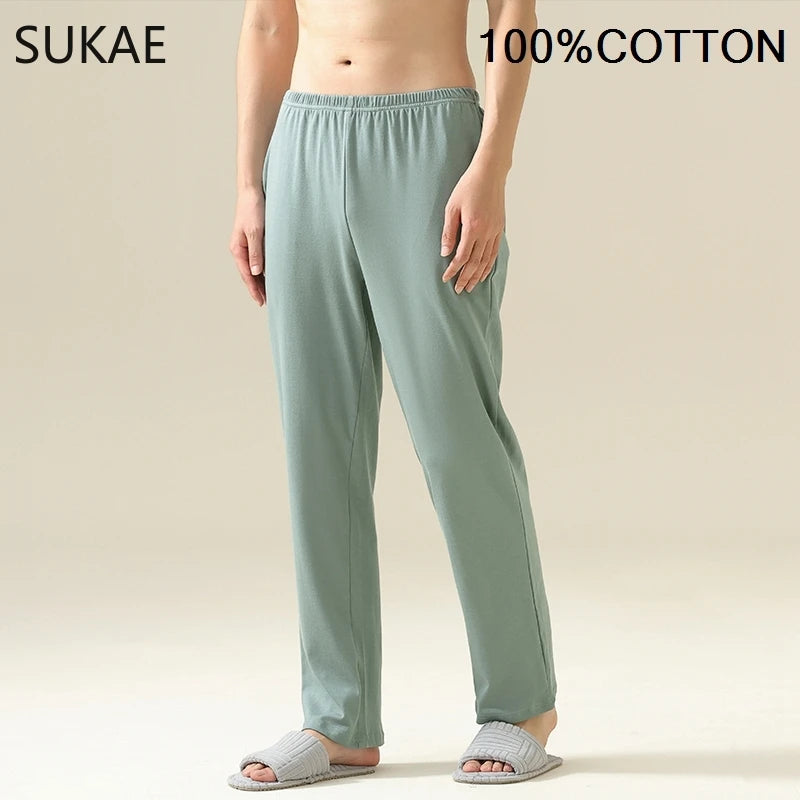 SUKAE 100% Cotton Mens Sleep Bottoms Autumn Spring Male Full Pants HQ Plaid Pj Pants for Boy Sleeping Long Lingerie for Man