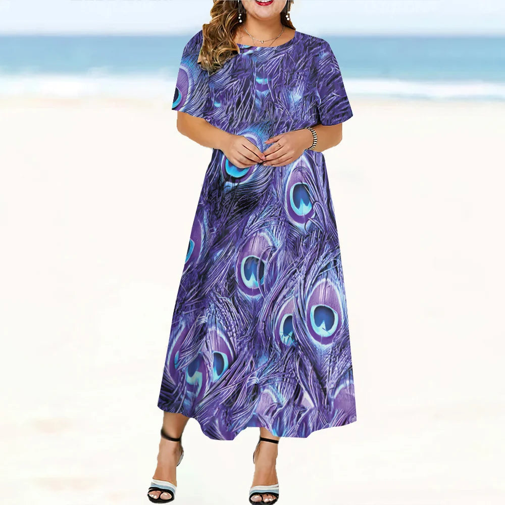 2024 New Design Women's Dresses Peacock Feather Print Midi Dresses Elegant Plus Size Female Short Sleeve Dress Fashion Summer