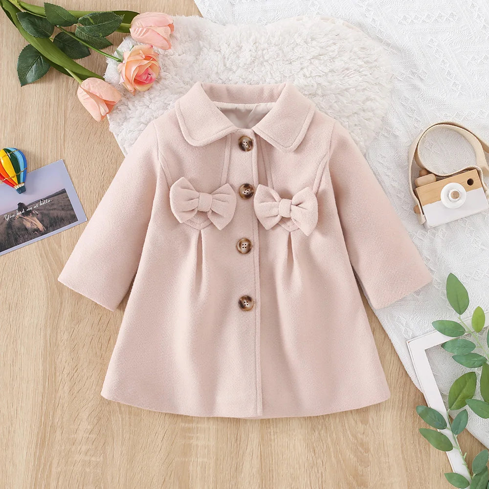Girls' Coat Autumn/Winter Solid Color Bow Collar Wool Girls' Outerwear Top Casual Warm Baby Coat Baby Winter Clothes