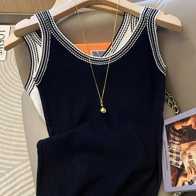 Elegant Fashion Harajuku Slim Fit Female Clothes Loose Casual All Match Sport Tops Women Color Blocking V Neck Sleeveless Tanks