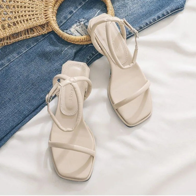 Fashion Summer Shoes Woman's Sandals Narrow Band Vintage Square Toe Ankle Strap Thong Sandalias Shape Design Elegant Women 35-40