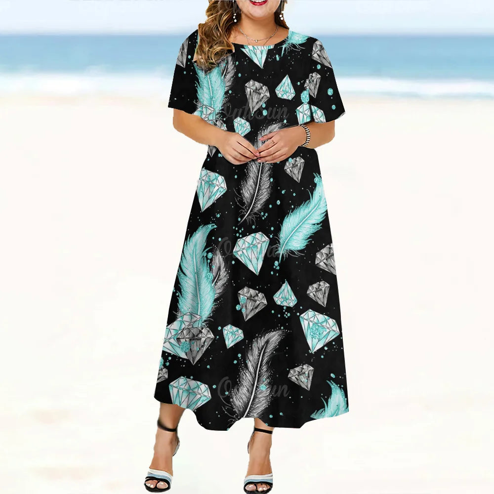 2024 New Design Women's Dresses Peacock Feather Print Midi Dresses Elegant Plus Size Female Short Sleeve Dress Fashion Summer