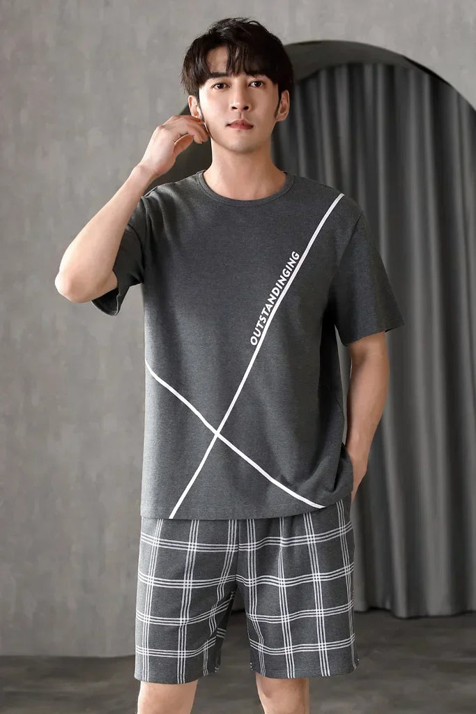 Sleepwear Set for Man Summer 2023 New Knitted Cotton Lounge Wear V Neck Leisure Home Suit Plus Size 4xl Two Piece Pajama Set Men