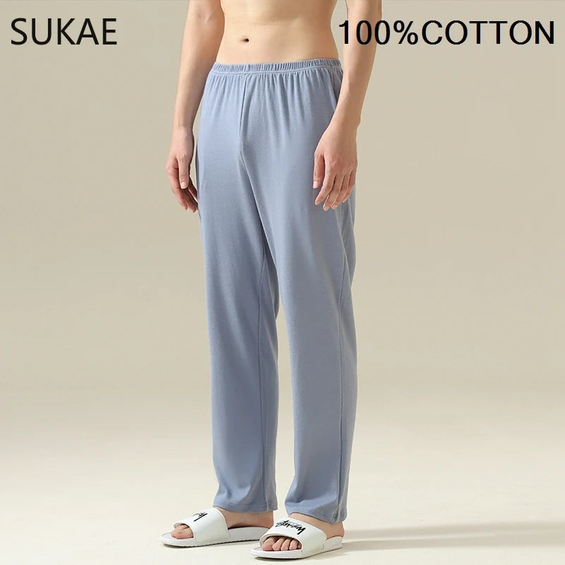 SUKAE 100% Cotton Mens Sleep Bottoms Autumn Spring Male Full Pants HQ Plaid Pj Pants for Boy Sleeping Long Lingerie for Man