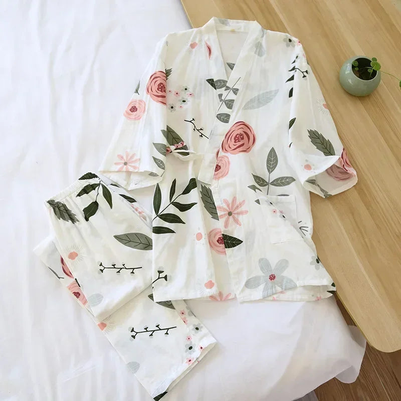 2024 new seven-sleeve Japanese-style kimono pajamas set female spring and autumn 100% cotton gauze home clothes cute sweet two-p